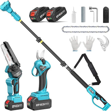 Mini-Motosega 4 in 1 con 2 Batterie, Forbici da potatura e Asta Telescopica !